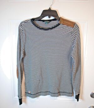 Lauren Ralph Lauren Black/White Stripe Long Sleeve Elbow Patch Top Size Large